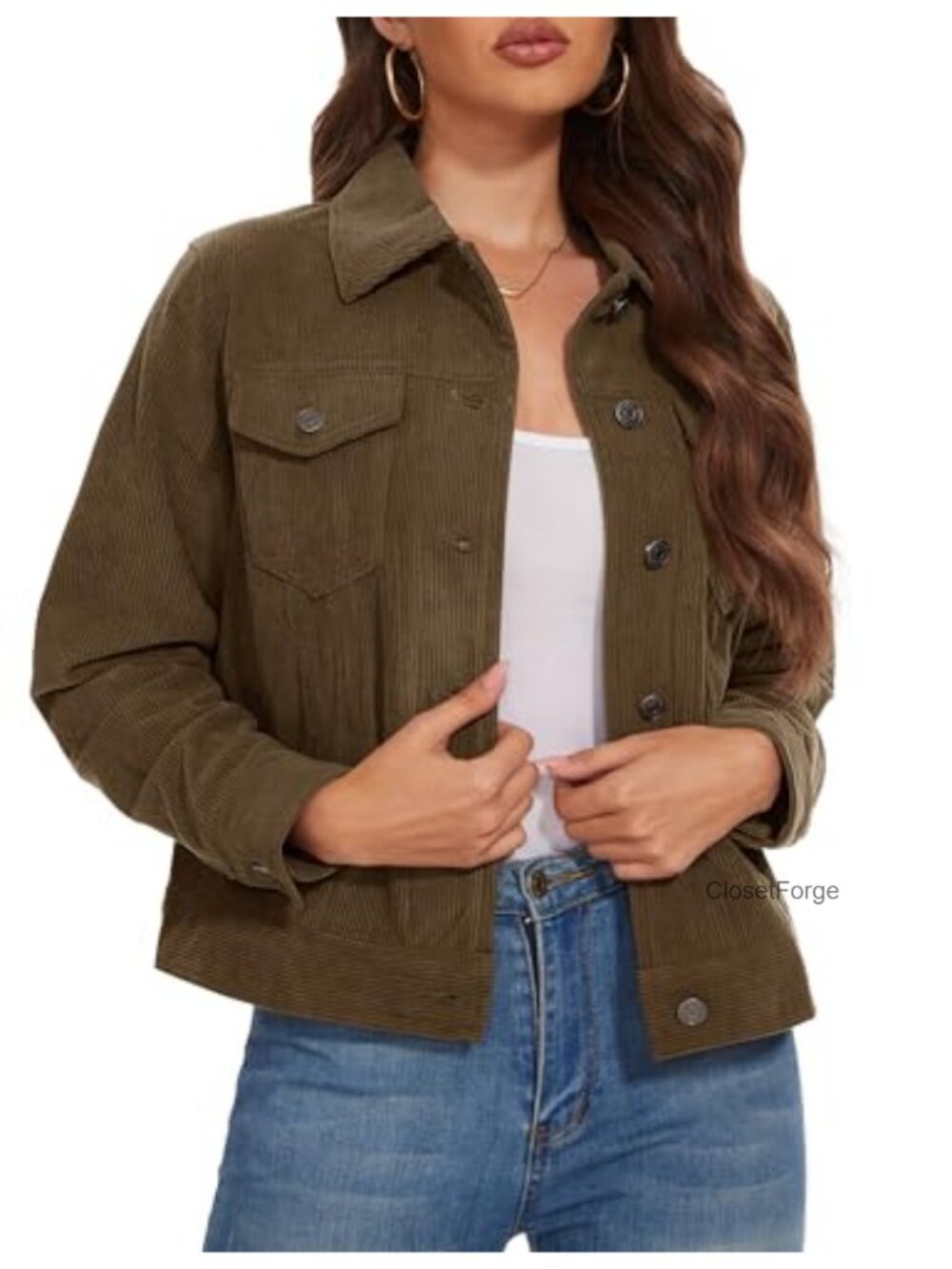 Corduroy Jacket Cropped Button Down Shacket Casual Trendy Polyester